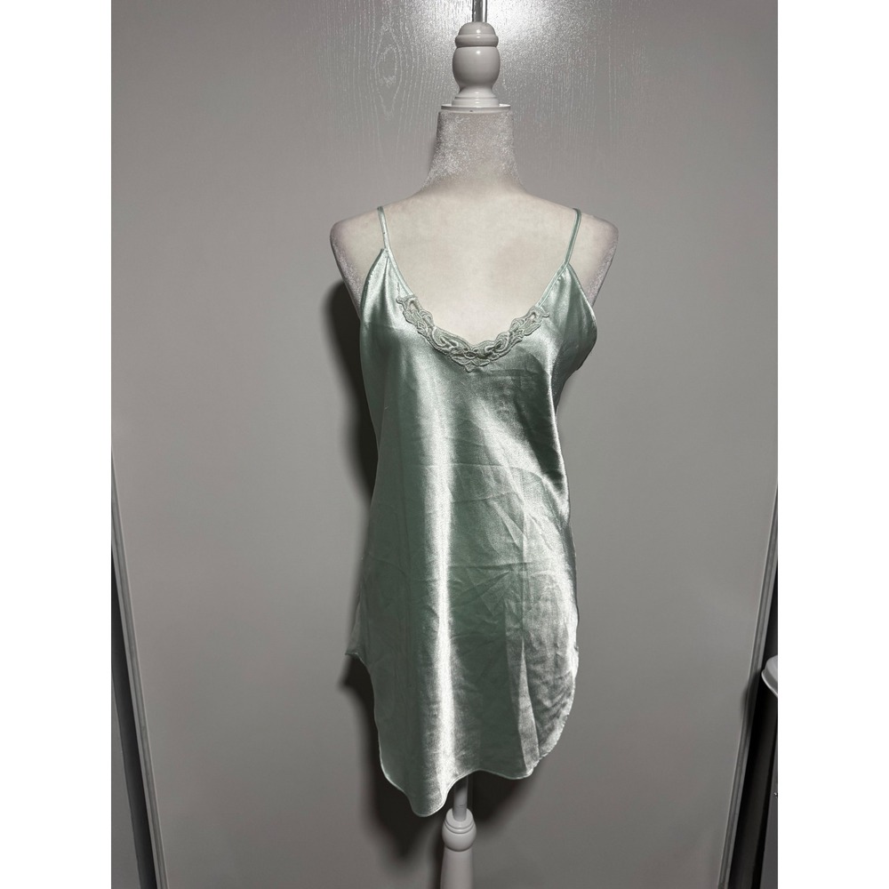 Vintage L.A. Intimates Mint Green Satin Lace Trim Nightgown Slip Dress Small USA